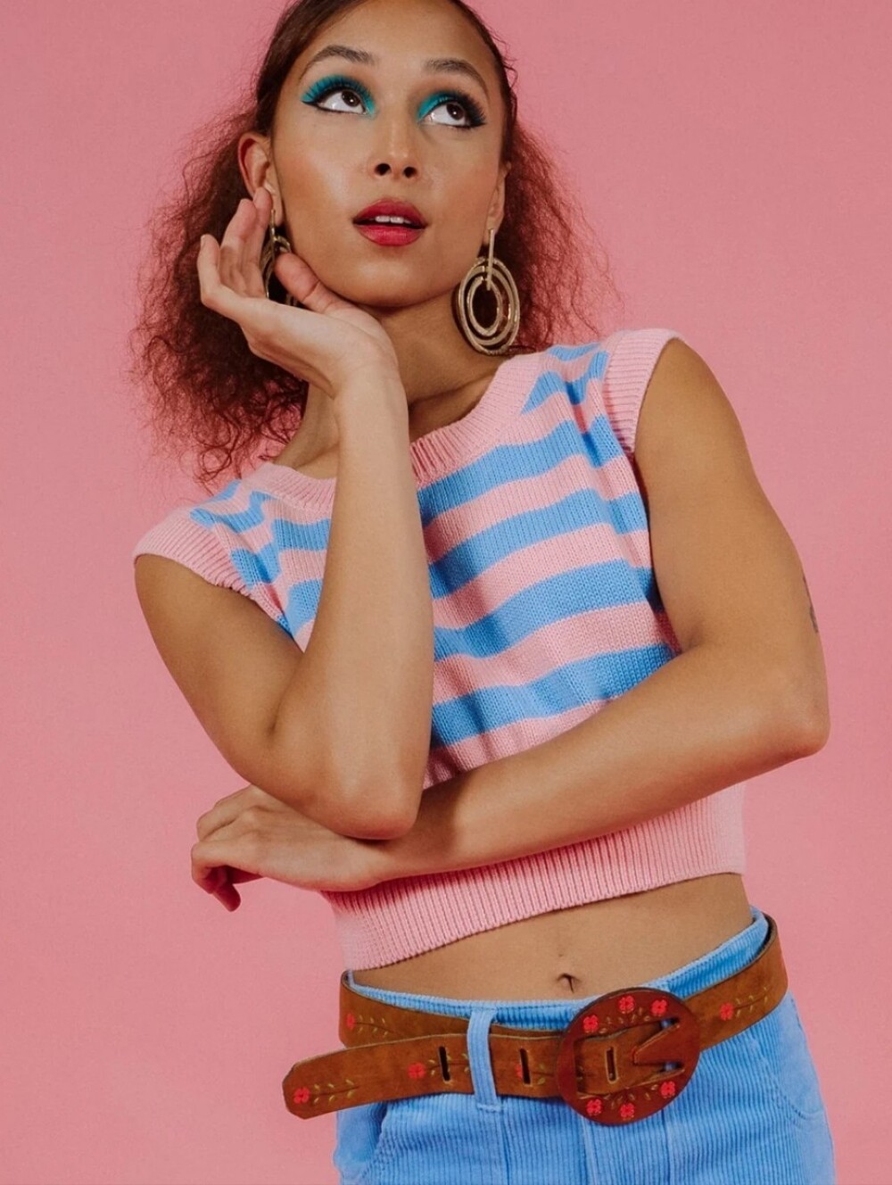 Hammies Pink Blue Knit Crop Top Size Large NWOT Retro 70s